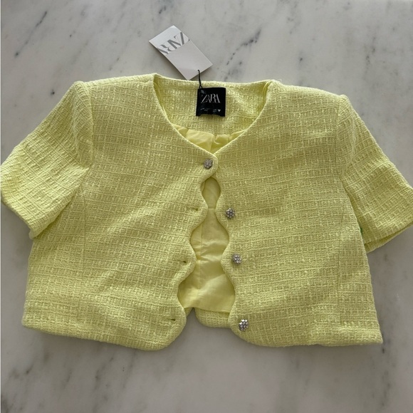 Zara- NWT Yellow Shortsleeve Scalloped Diamond Button Down Blazer Jacket - Picture 4 of 7